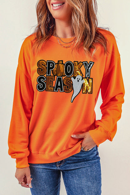 Sequin Spooky Season Ghost Pattern Halloween Pullover Sweatshirt | Russet Orange