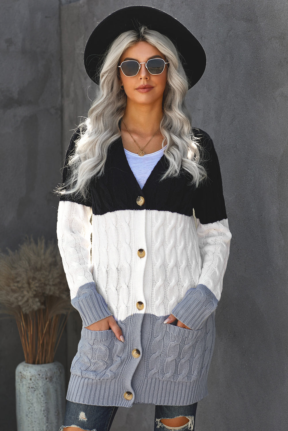 Colourblock Button Pocket Knit Cardigan | Black