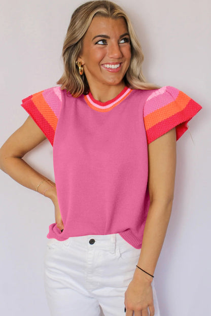 Contrast Flutter Sleeves Knitted Sweater T Shirt | Bright Pink