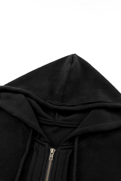 Flap Pocket Drawstring Hood Zip Up Jacket | Black