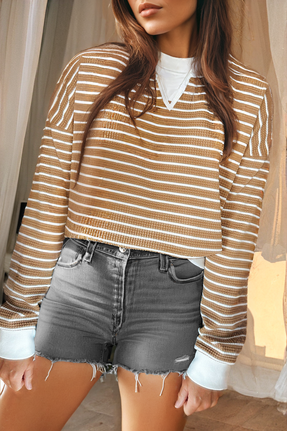 Patched Edge Textured Round Neck Long Sleeve Top | Khaki Stripe