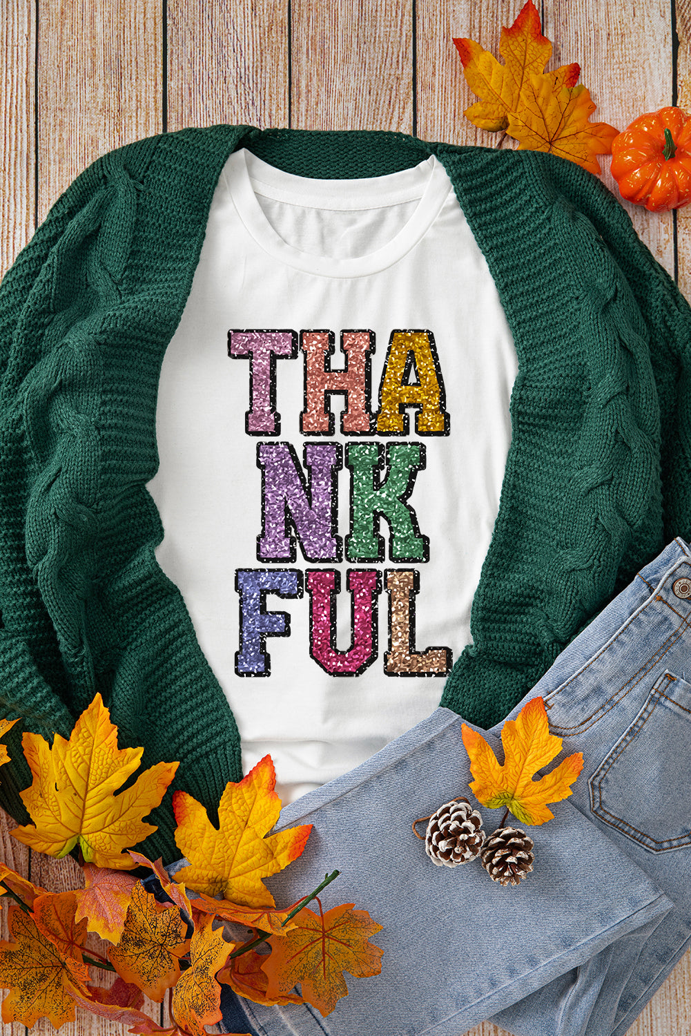 Heat-Transfer Printed Thankful Letter Graphic T Shirt | White