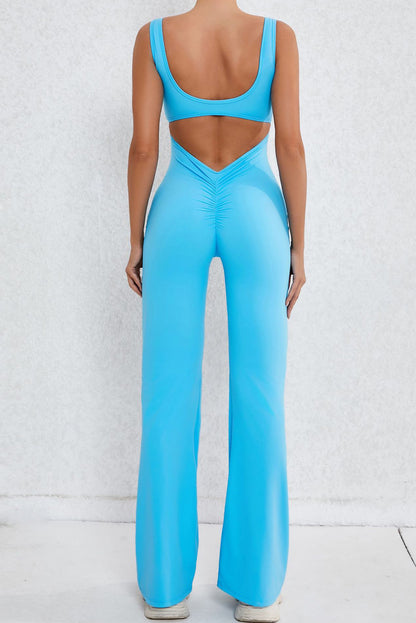 Solid Cut Out Backless Wide Leg Yoga Jumpsuit | Sky Blue