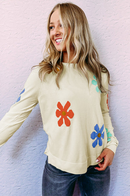 Sweet Floral Pullover Sweater | White