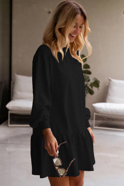 Solid Colour Puff Sleeve Ruffle Hem Mini Dress | Black