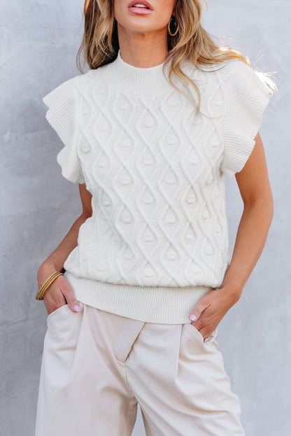 Textured Ruffled Mock Neck Knitted Vest | White