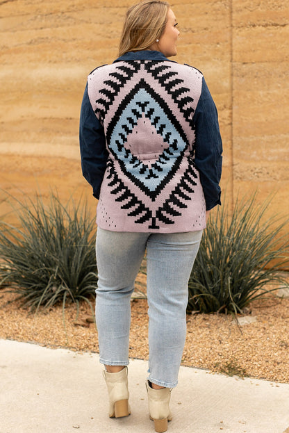 Plus Size Corduroy Jacquard Knit Aztec Back Jacket | Blue