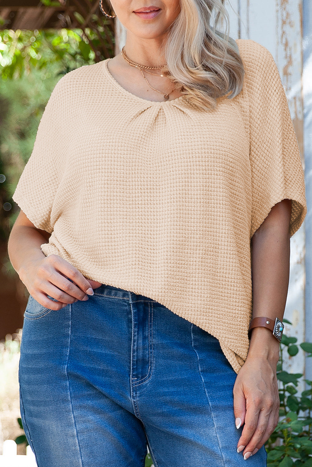 Guipure Lace Insert Textured Plus Size Tee | Beige