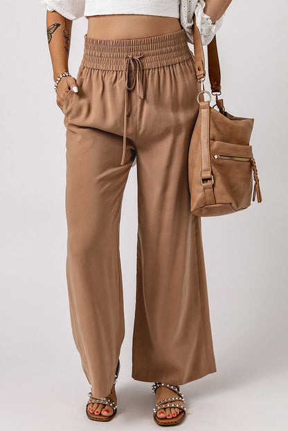 Drawstring Elastic Waist Casual Wide Leg Pants | Brown