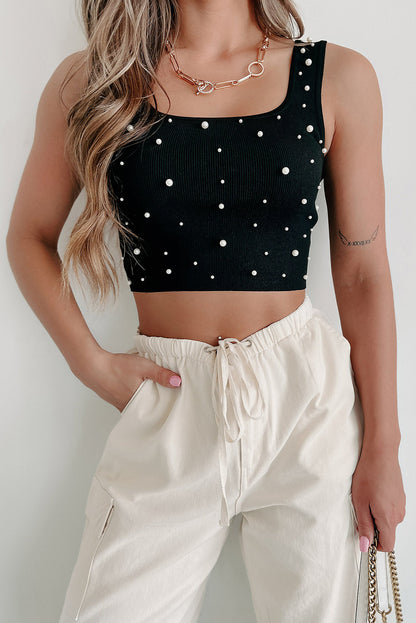 Pearl Decor Square Neck Sleeveless Crop Top | Black