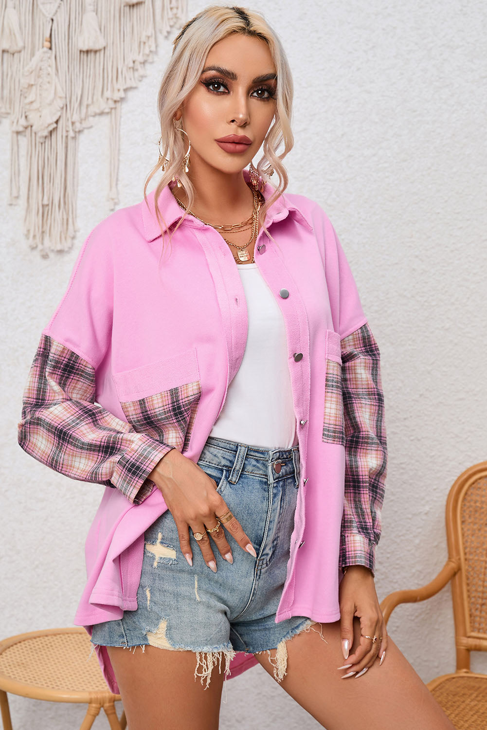 Plaid Patchwork Chest Pockets Oversized Shirt Jacket | Rose