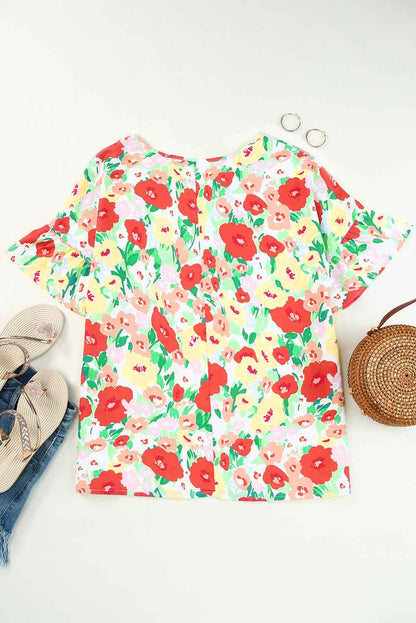 Fiery  Floral Print Ruffled Short Sleeve V Neck Blouse | Red