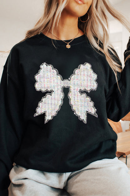 Rhinestone Decor Bowknot Graphic Pullover Sweatshirt | Black