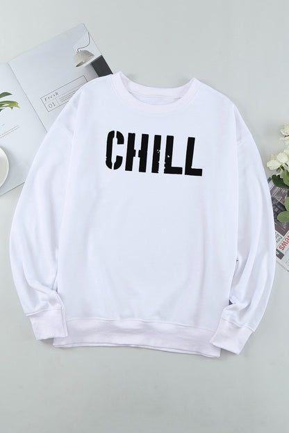 Chill Graphic Long Sleeve Pullover Sweatshirt | White