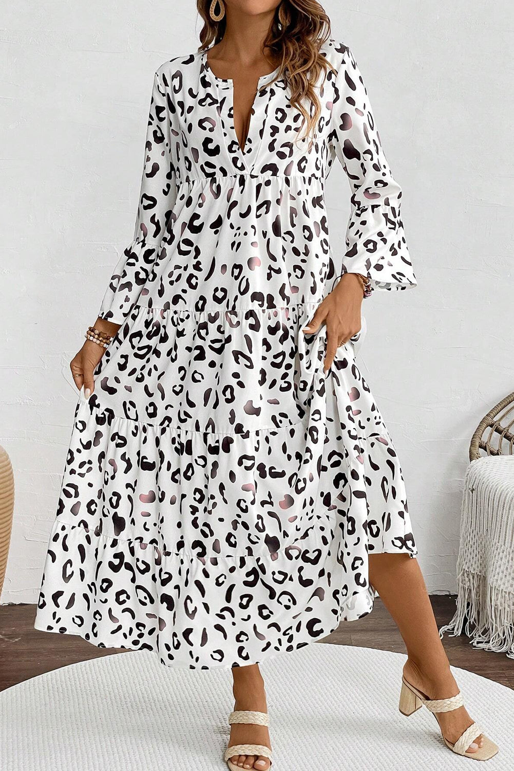 Leopard Print Notch V Neck Loose Fit Maxi Dress | White