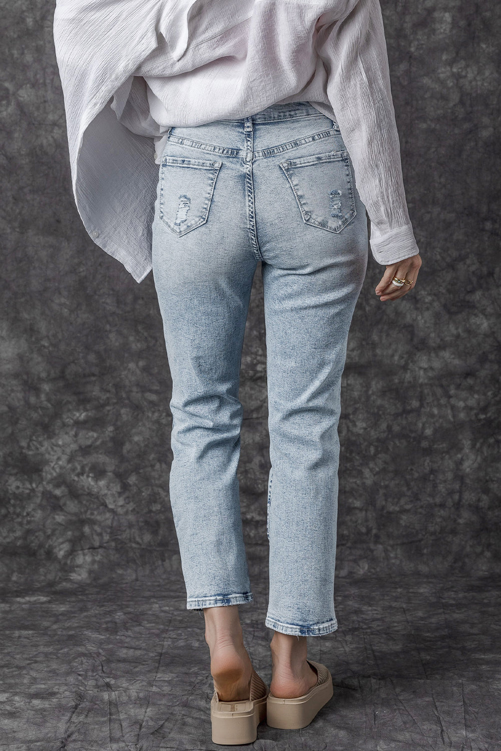 Light Wash Frayed Slim Fit High Waist Jeans | Sky Blue