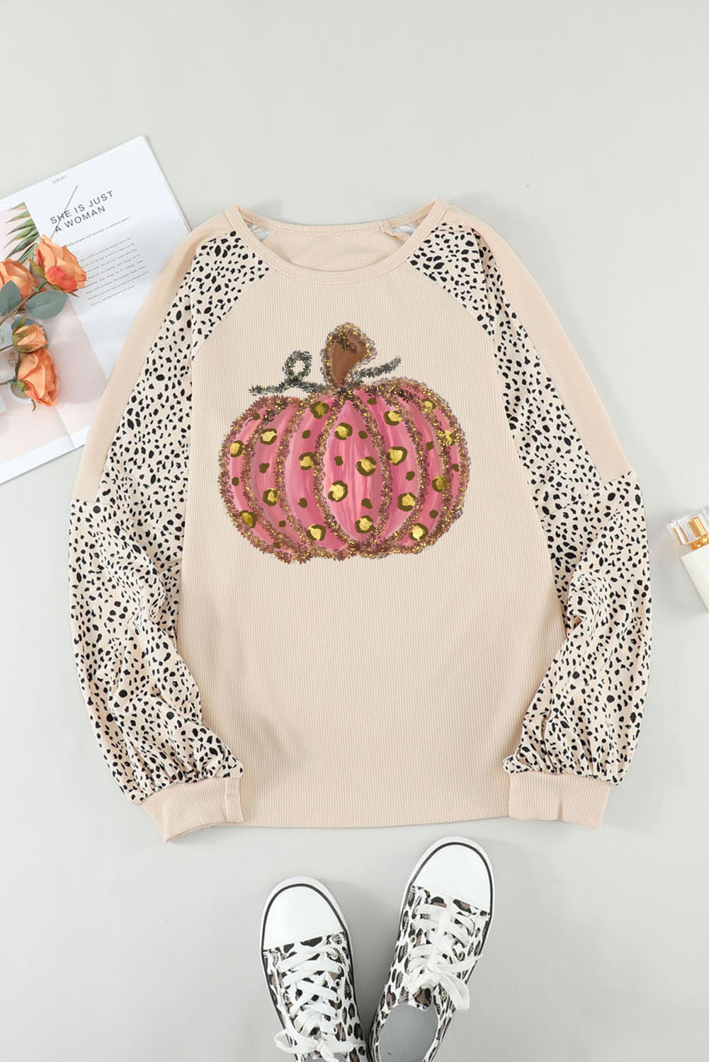 Thanksgiving Pumpkin Graphic Leopard Raglan Sleeve Top | Khaki