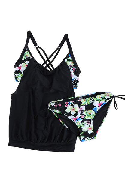 Layered-Style Floral Tankini With Triangular Briefs | Black