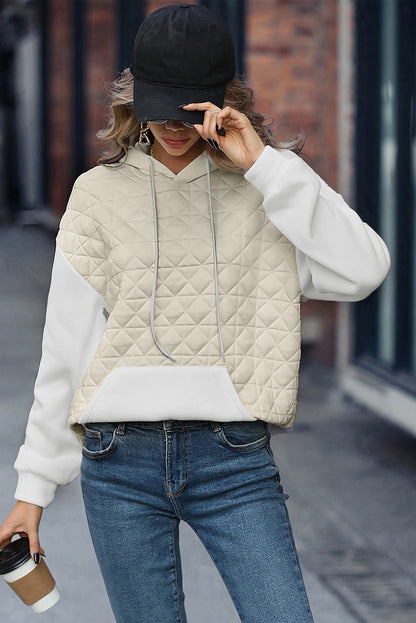 Drop Shoulder Quilted Patchwork Kangaroo Pocket Hoodie | Beige