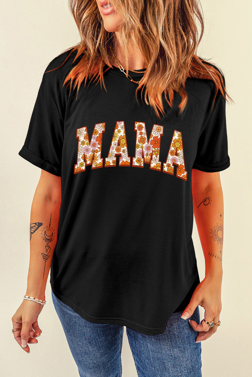 Flower Printed Mama Letter Graphic T-Shirt | Black