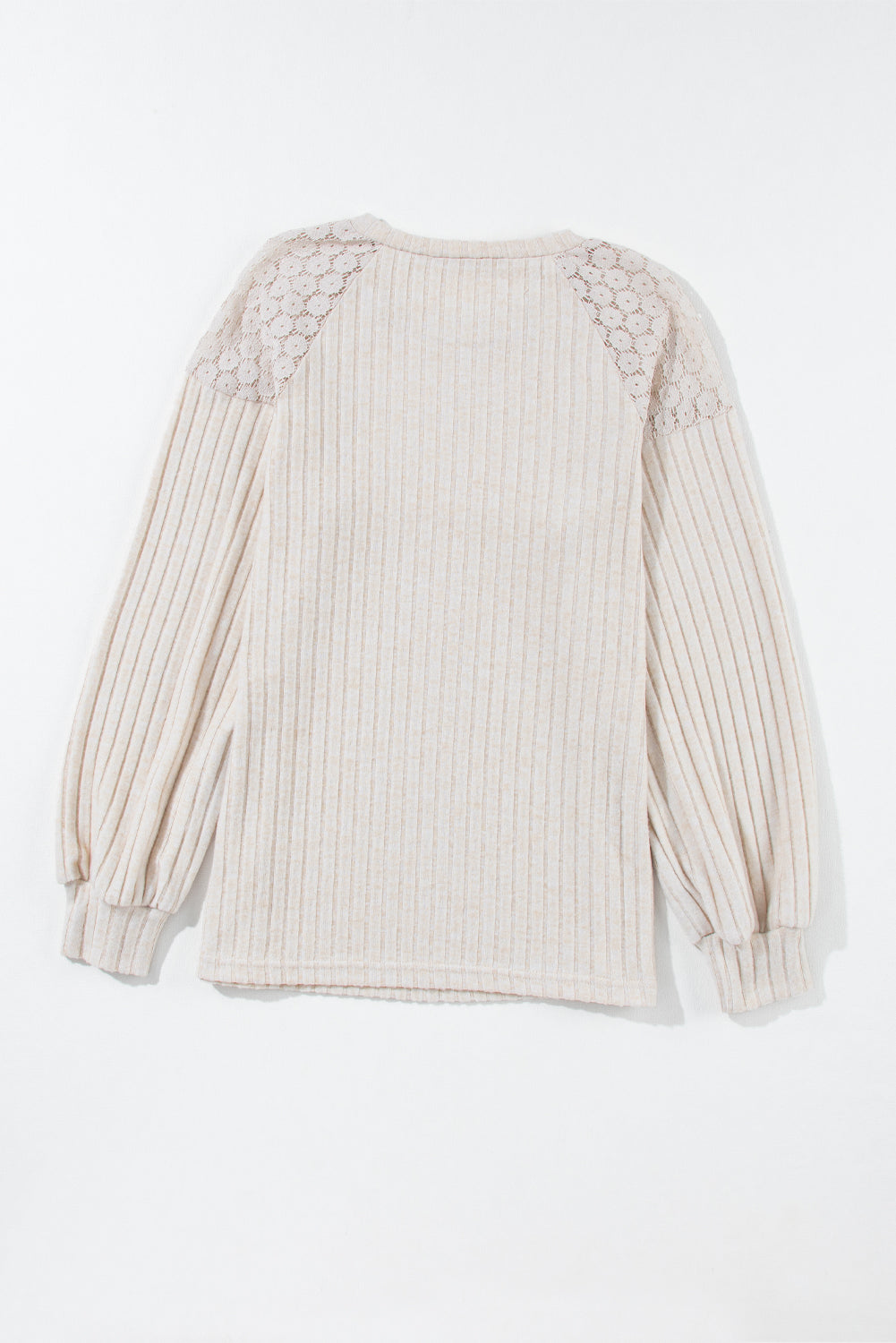 Contrast Lace Raglan Sleeve Buttoned Ribbed Top | Parchment