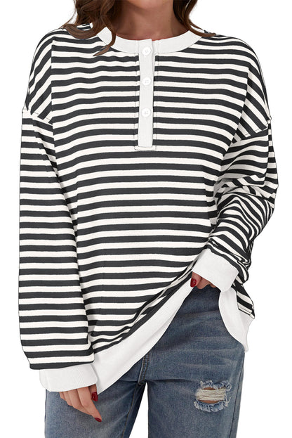 Colour Block Buttoned Crew Neck Oversized Sweatshirt | White Stripe