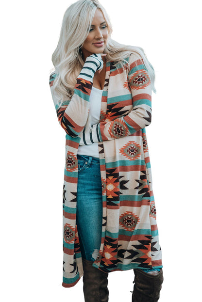 Geometric Colour Block Open Front Long Cardigan | Multicolour