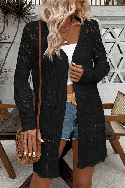 Crochet Hollow Out Open Front Cardigan | Black