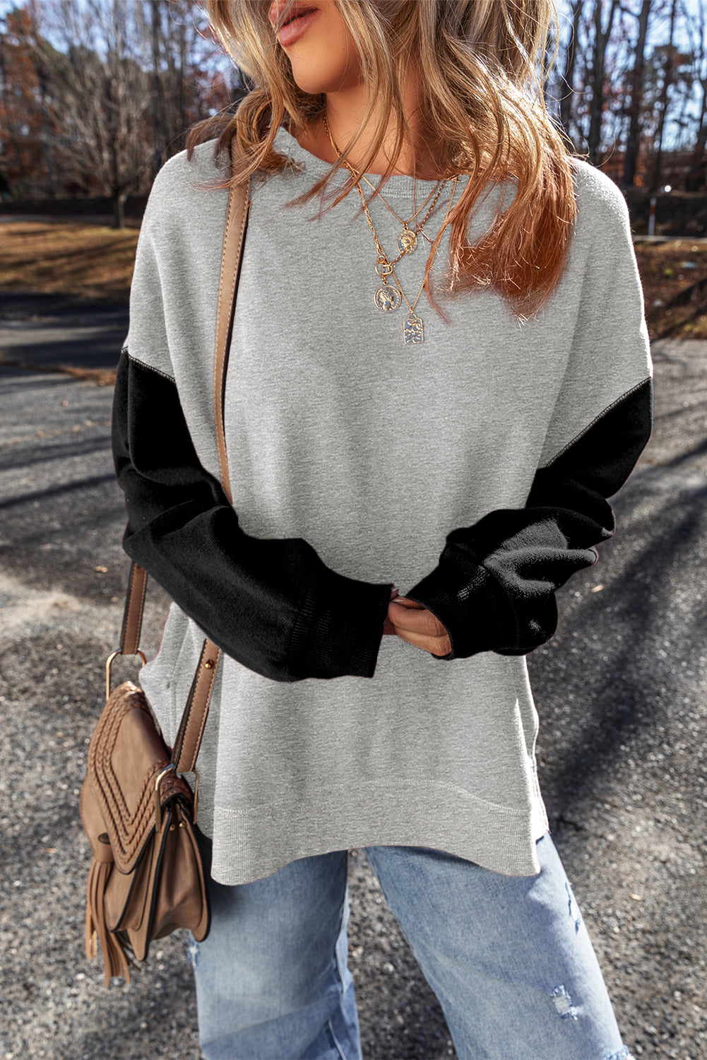 Two Tone Patchwork Drop Shoulder Pullover Sweatshirt | Gray