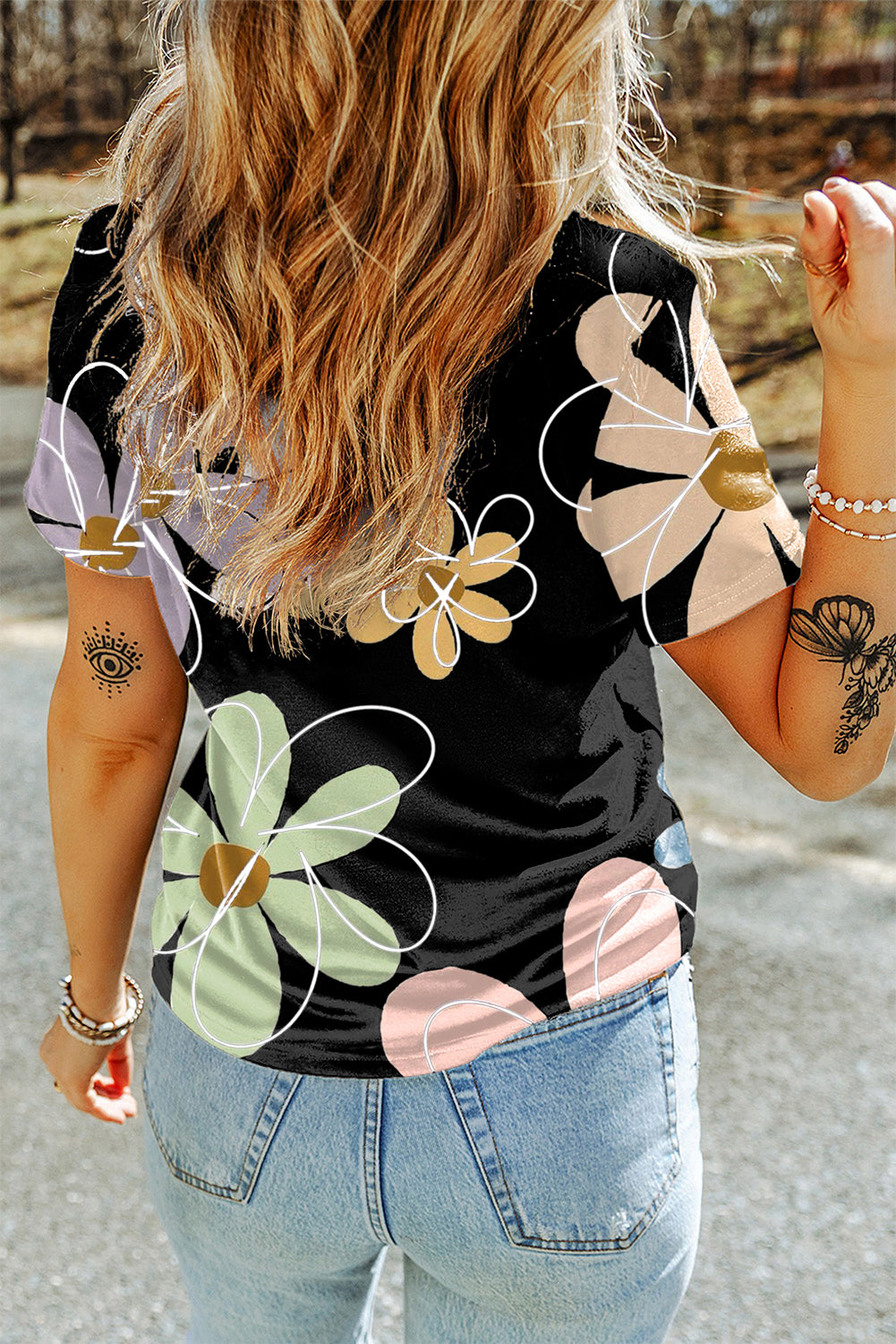 Summer Flower Print Casual Round Neck T Shirt | Black