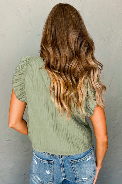 V Neck Flutter Sleeve Textured Blouse | Meadow Mist Green