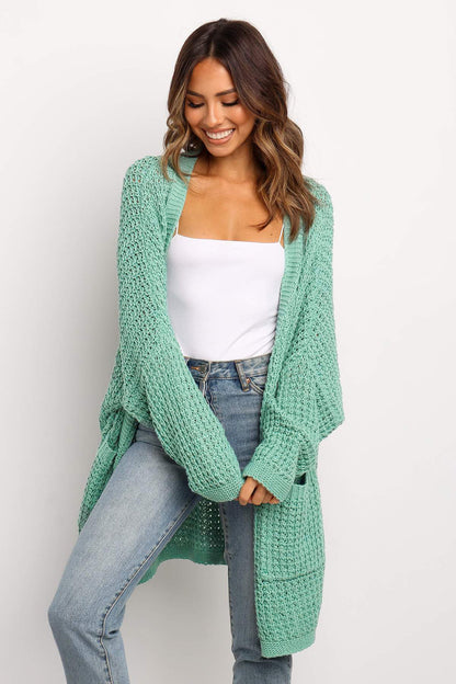 Long Line Open Front Knitted Cardigan With Pockets | Green