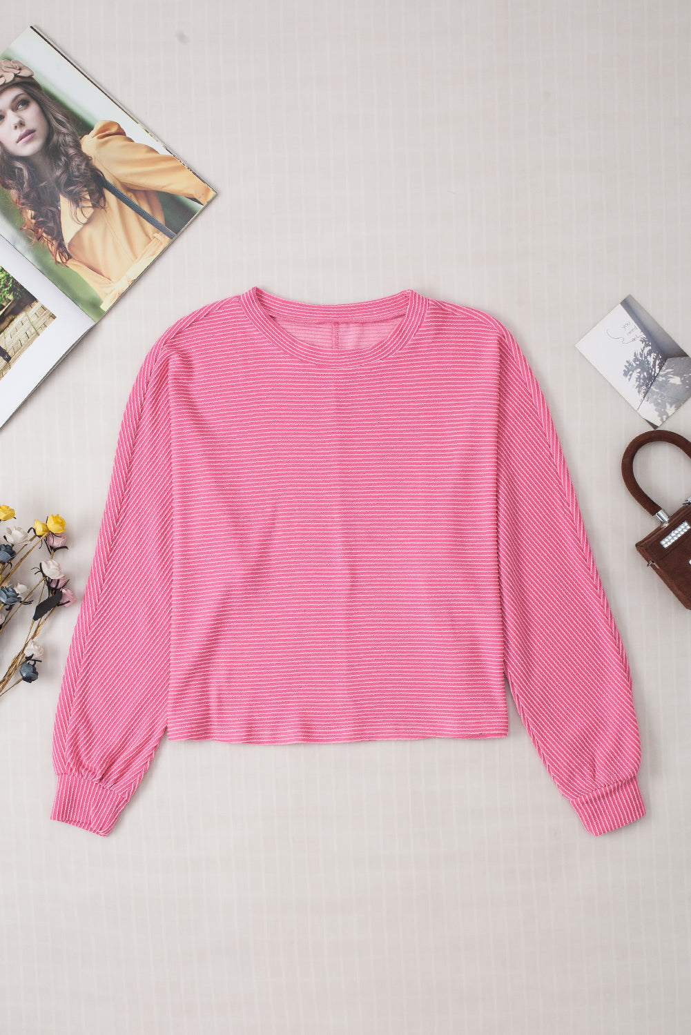 Solid Colour Corded Textured Long Sleeve Top | Bonbon