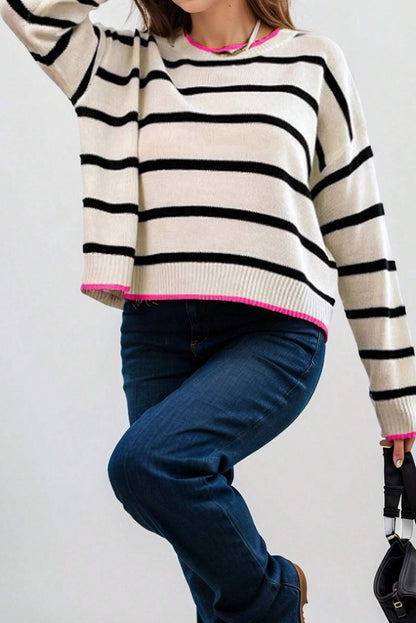 Colour Contrast Drop Shoulder Crew Neck Sweater | White Stripe