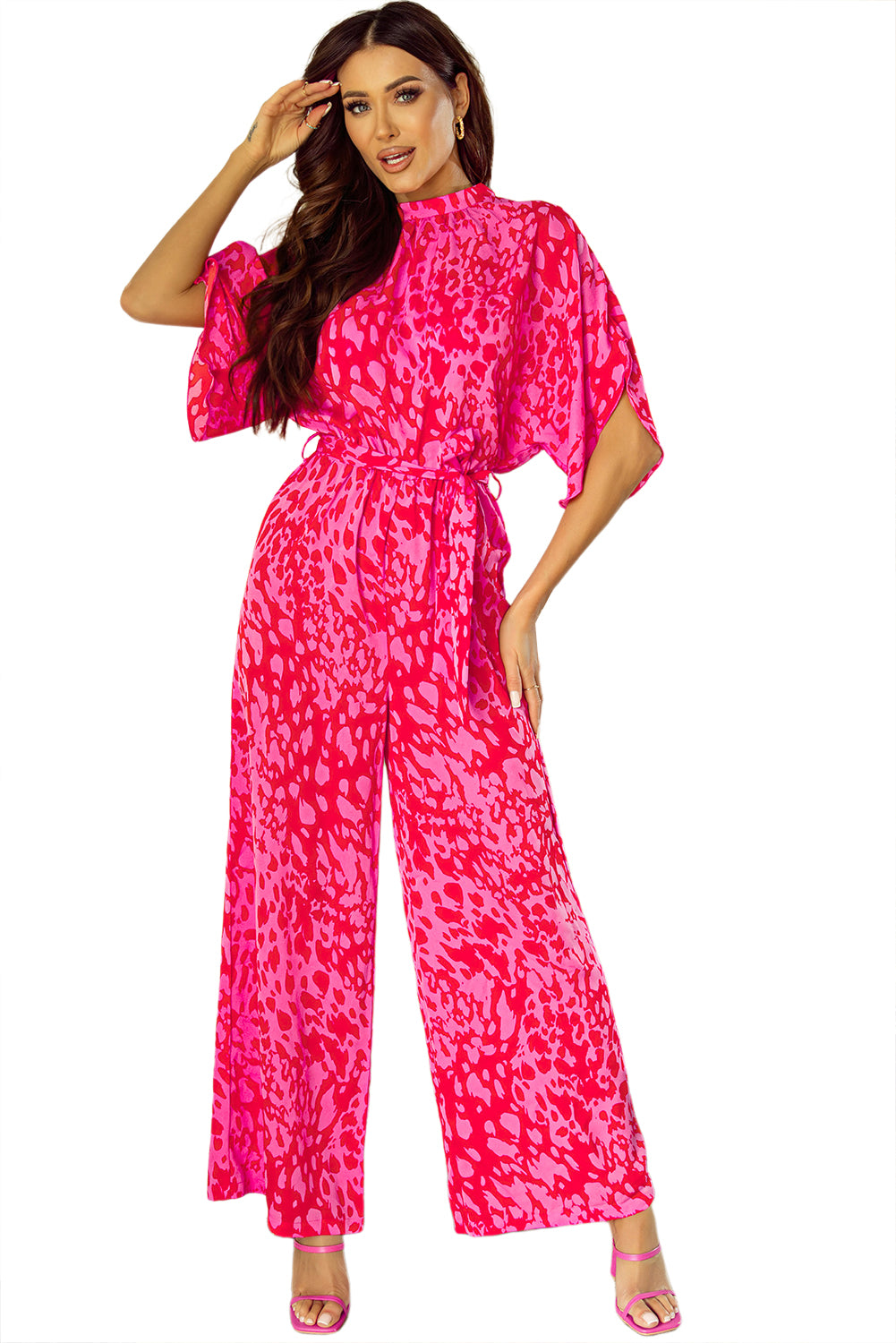 Leopard Loose Sleeve Belted Wide Leg Jumpsuit | Rose