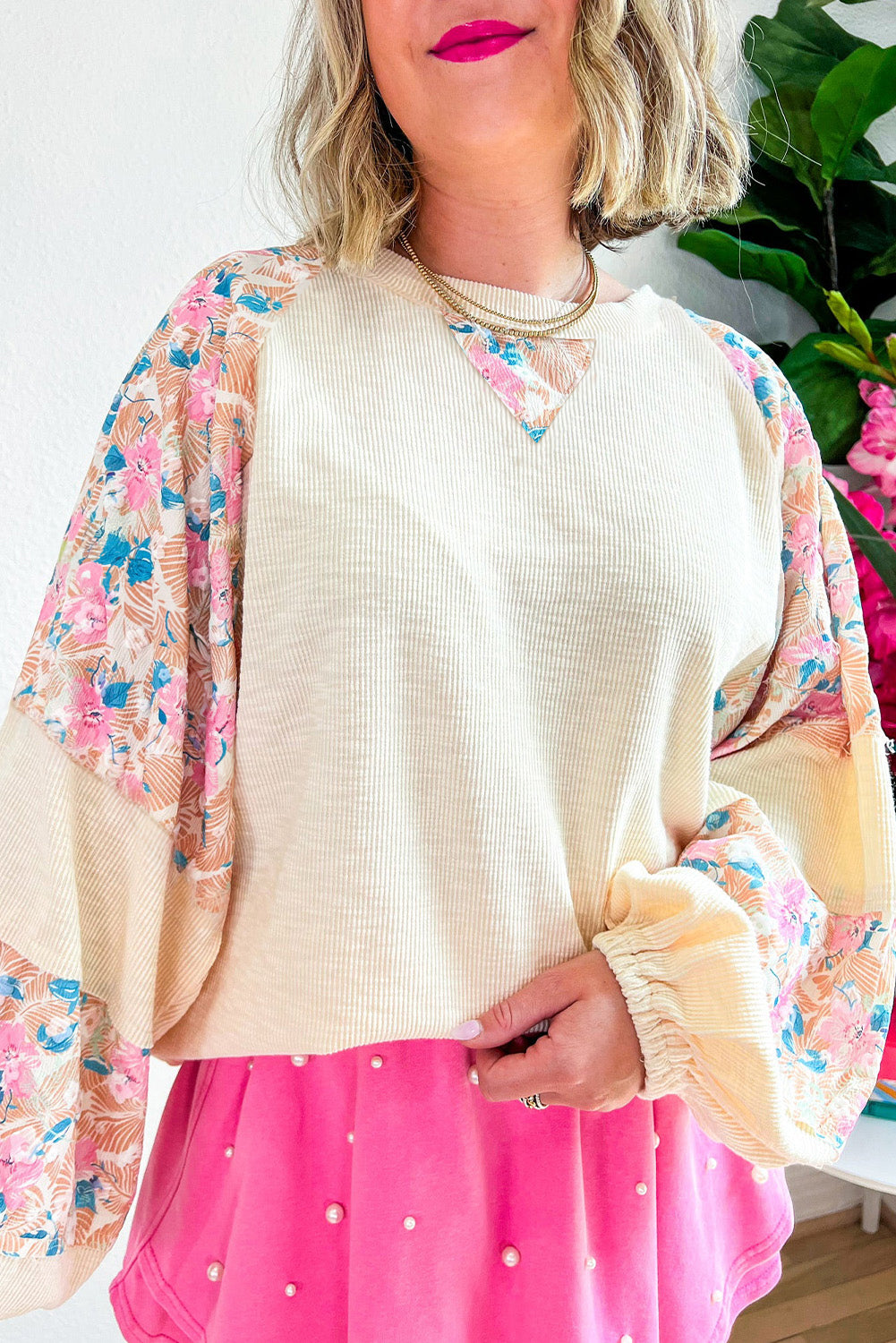 Plus Size Floral Patchwork Ribbed Puff Sleeve Top | Apricot