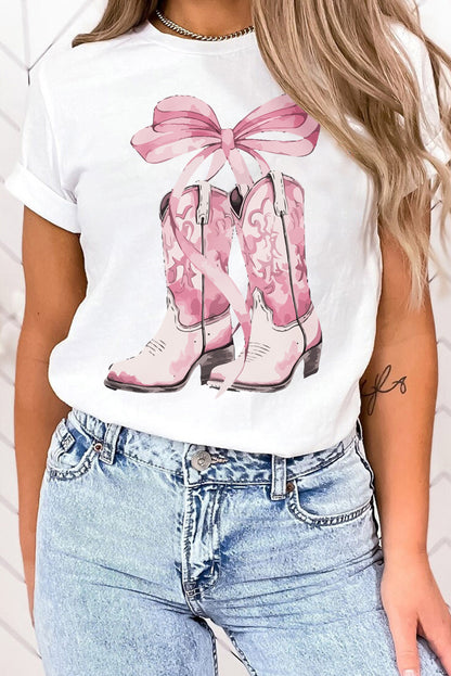 Western Boots Bow Knot Print Crew Neck T Shirt | White