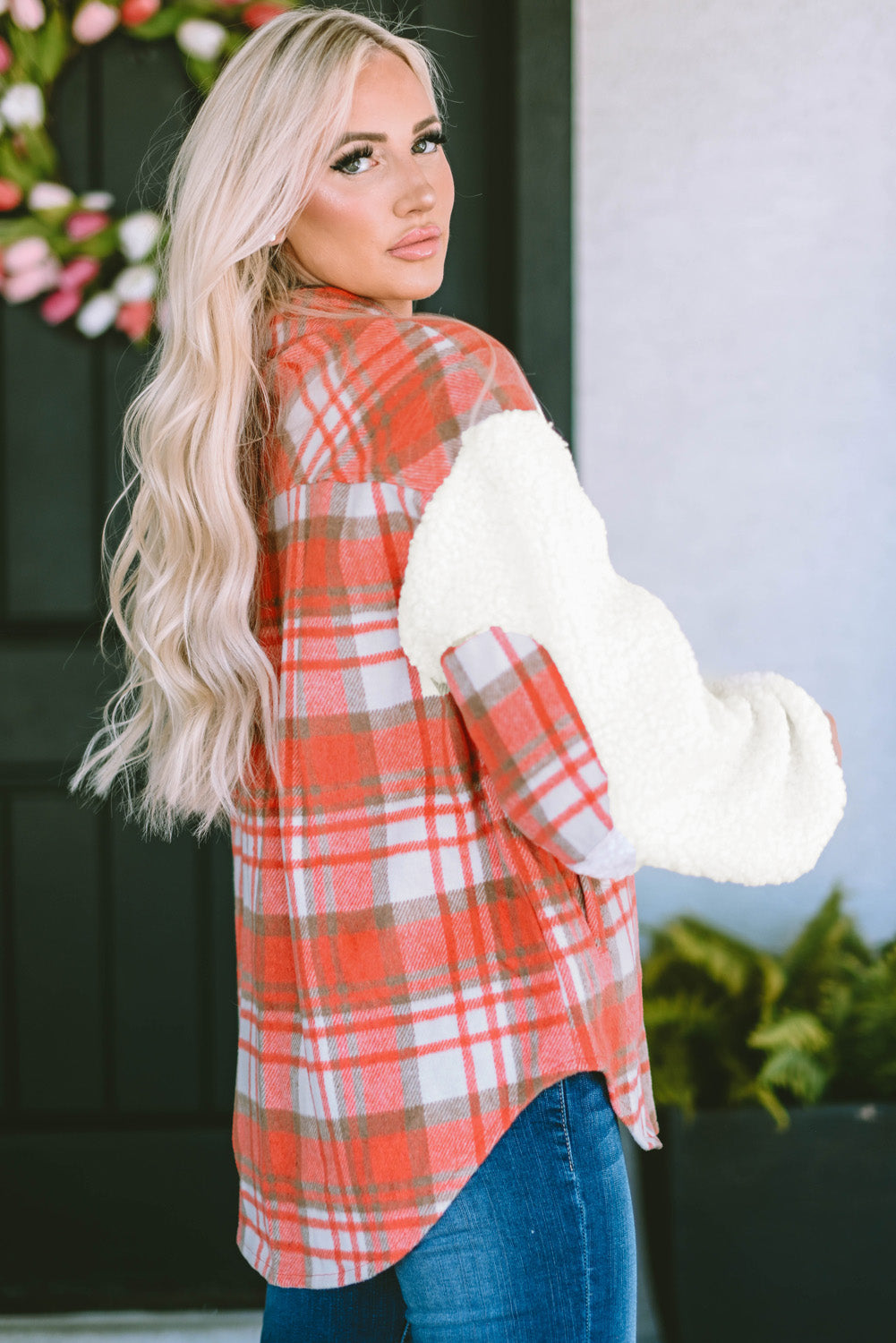 Fiery  Sherpa Sleeve Plaid Print Shacket | Red