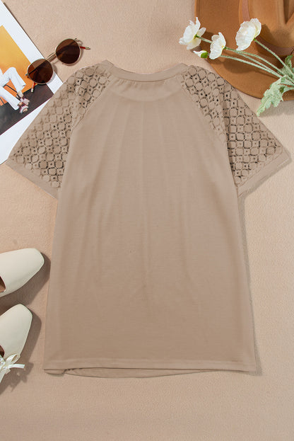 Seamed Detail Contrast Lace Raglan Sleeve Tee | Pale Khaki