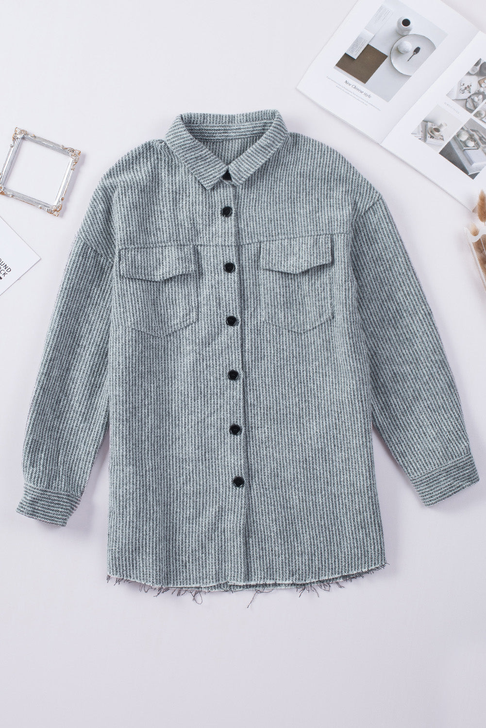 Textured Button Down Shirt Jacket With Pockets | Gray