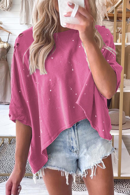 Pink Distressed Bleached Asymmetric Hem Short Sleeve Top