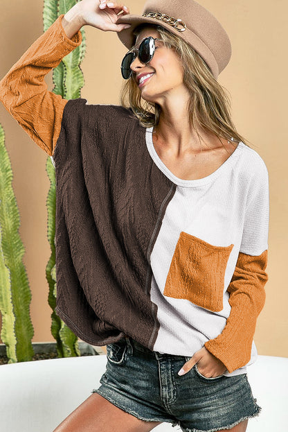 Colour Block Patchwork Chest Pocket Long Sleeve Top | Brown