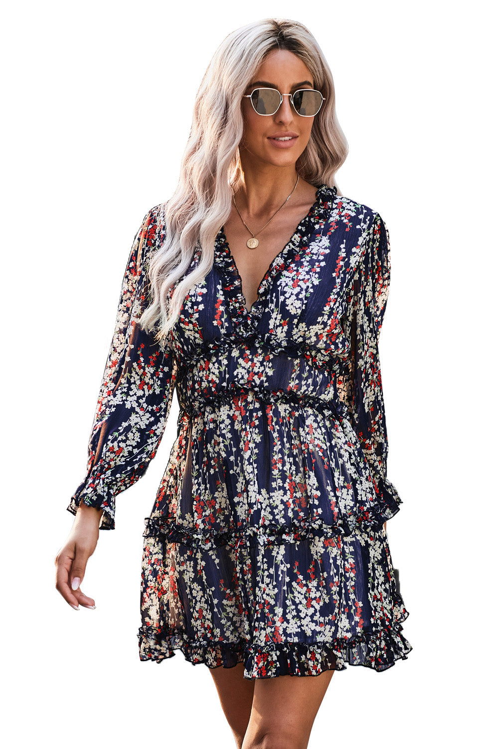 Ruffle Detailing Open Back Floral Dress | Blue