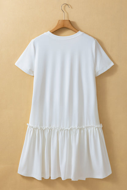 Frilly Splicing Hem Short Sleeve Casual Dress | White