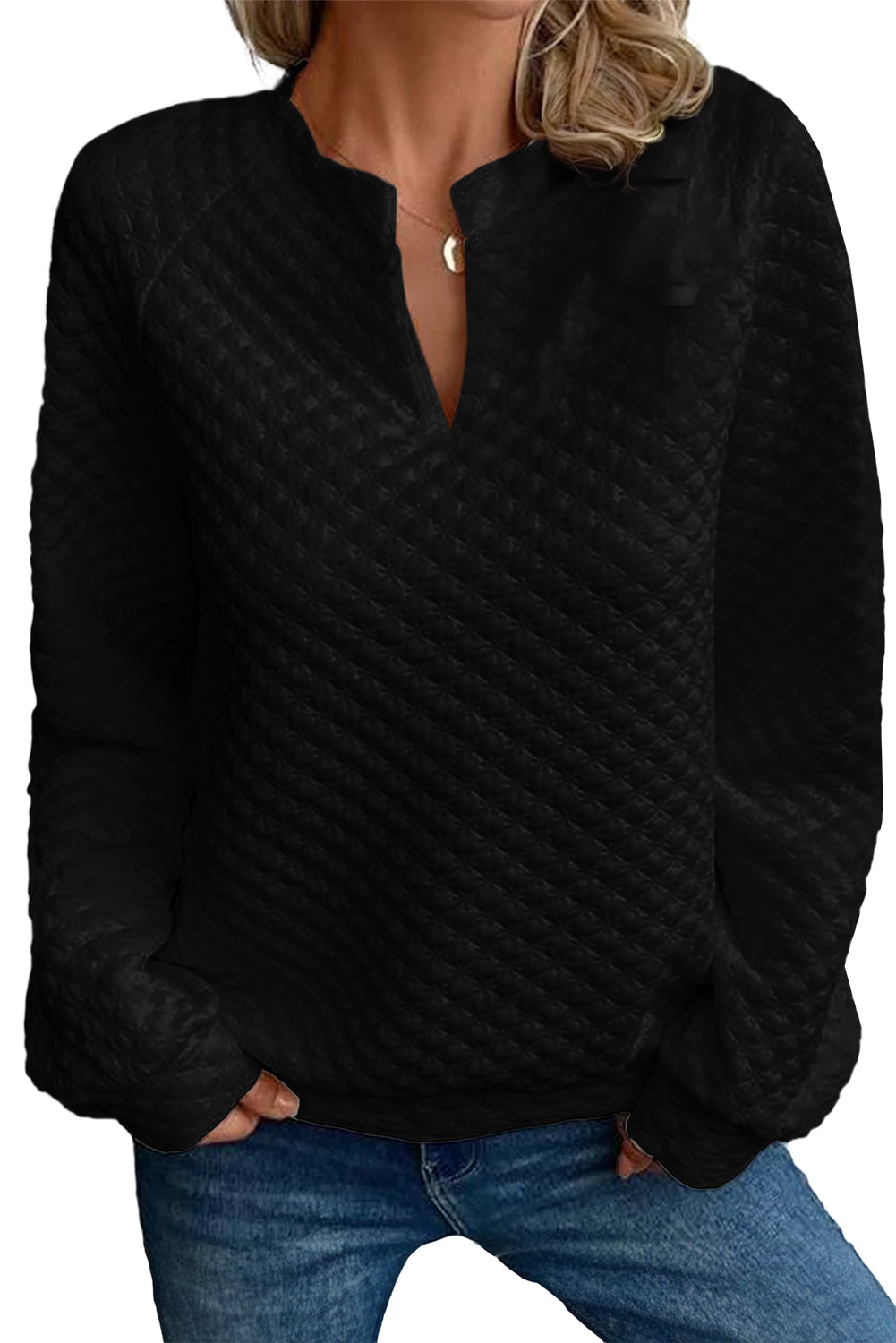 Split Neck Quilted Long Sleeve Top | Black