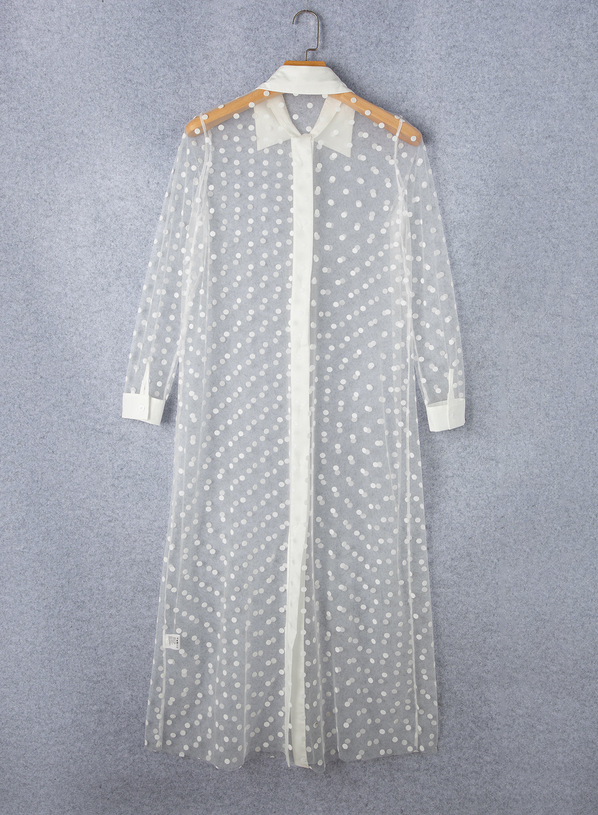 Polka Dot Print Collared Buttoned Mesh Duster Kimono | White