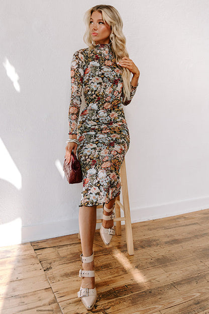 Floral Allover Print Mock Neck Bodycon Long Sleeve Midi Dress | Brown