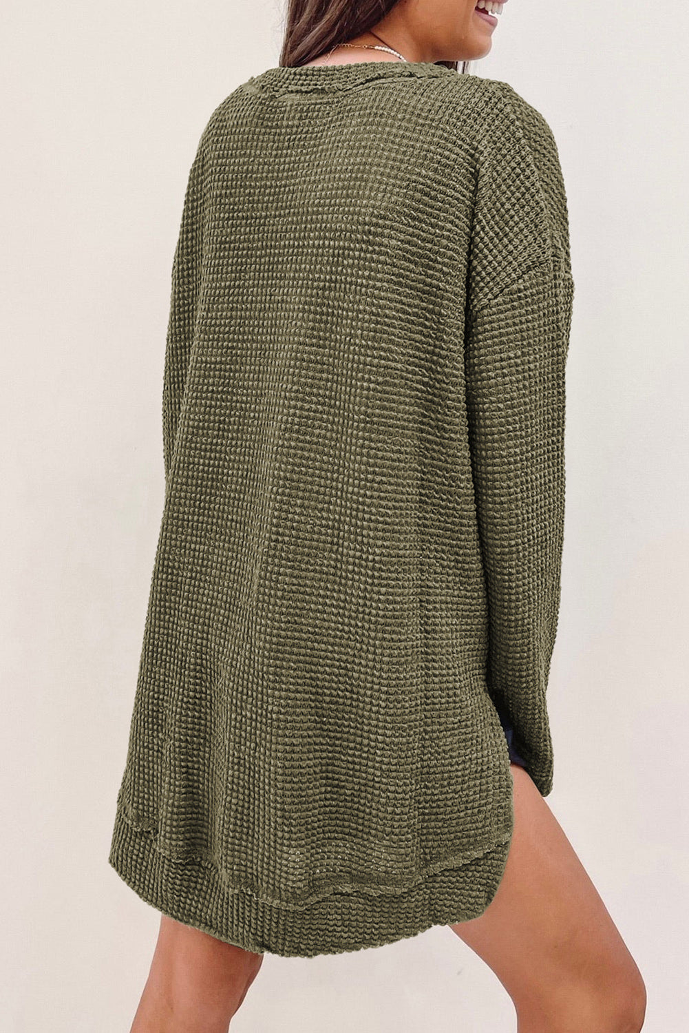 Waffle Knit High Slits Oversized Top | Green