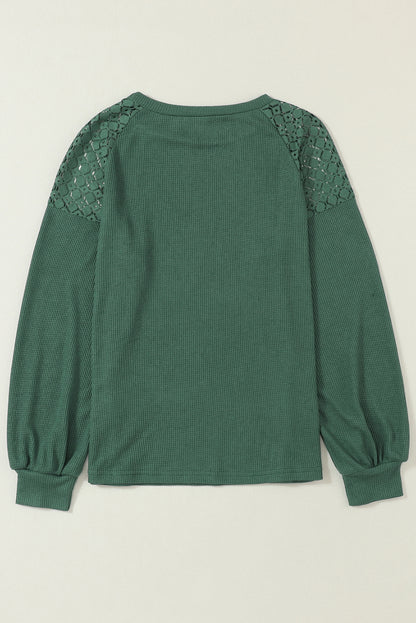 Green Lace Long Sleeve Textured Pullover | Blackish Green