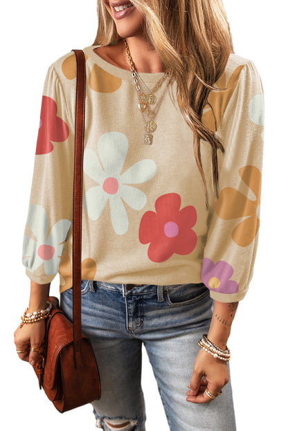 Cute Flower Print Bracelet Sleeve Top | Apricot